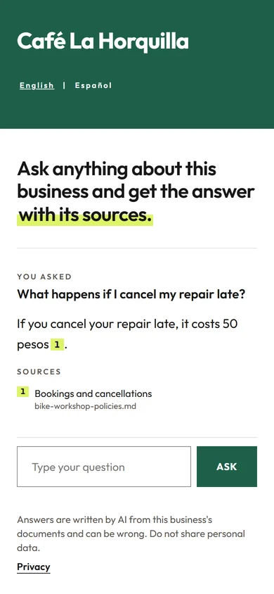 Cited's public page on a phone, answering with its citation open.