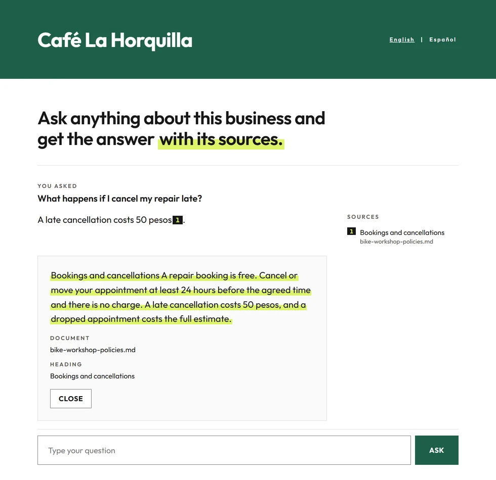 Café La Horquilla's public page. The question: what happens if I cancel my repair late? The answer: a late cancellation costs 50 pesos, with citation 1 open on the passage about bookings and cancellations in bike-workshop-policies.md.