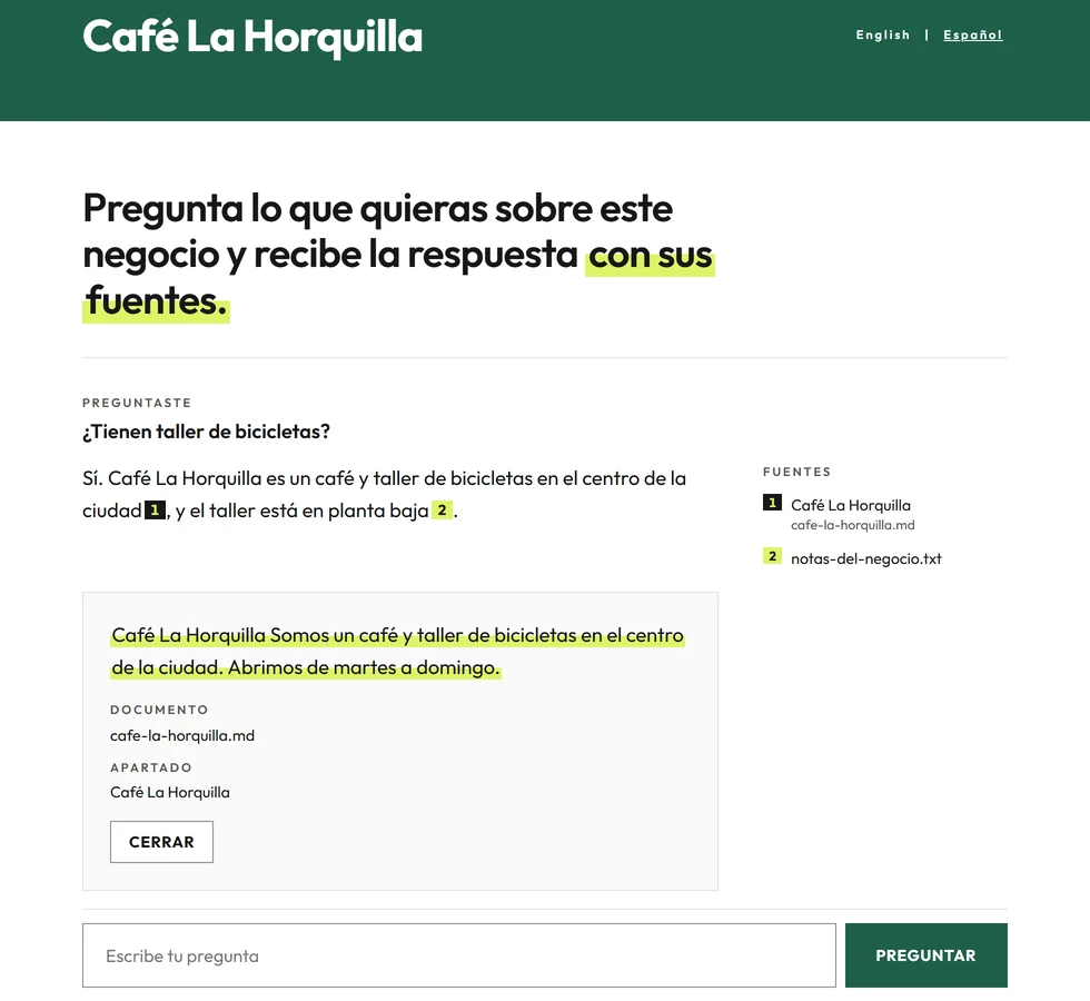 La página pública de Café La Horquilla. La pregunta: ¿tienen taller de bicicletas? La respuesta: sí, es un café y taller de bicicletas en el centro de la ciudad y el taller está en planta baja, con sus marcas de cita; la cita 1 está abierta sobre la presentación de cafe-la-horquilla.md.