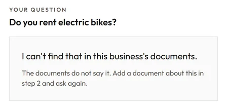 Cited's panel answering the question “Do you rent electric bikes?”: I can't find that in this business's documents.