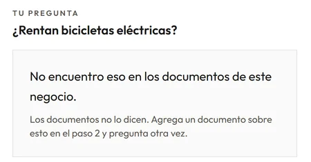 El panel de Cited ante la pregunta “¿Rentan bicicletas eléctricas?”, respondiendo: No encuentro eso en los documentos de este negocio.