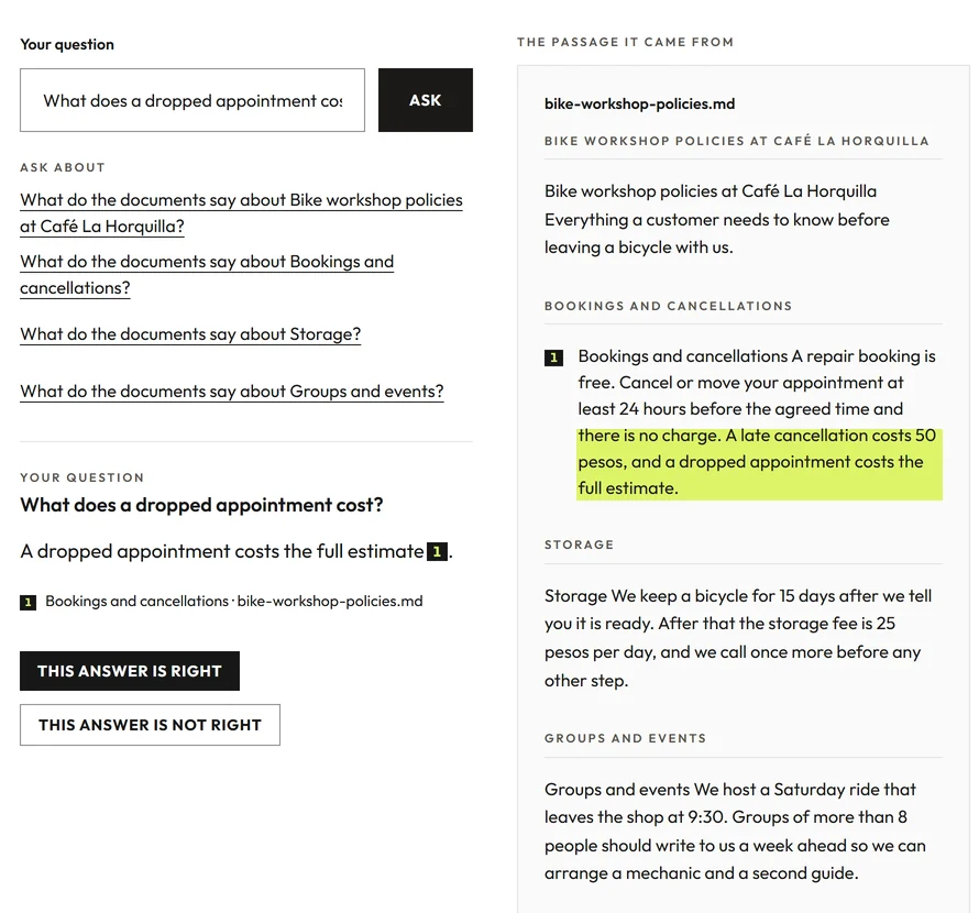 The Try it step of Cited's panel: the question “Is booking a repair free?”, and its answer with citation marks to the passage it came from.